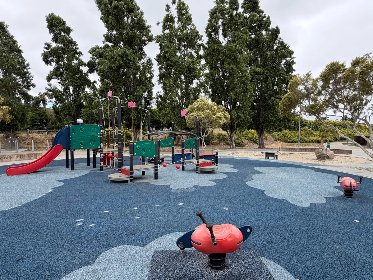 Toddler play structure with ride on toys and sand pit in back