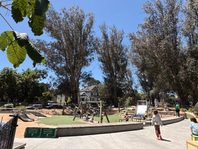 Various  climbing structures, slides built into the hillside, swing sets etc.