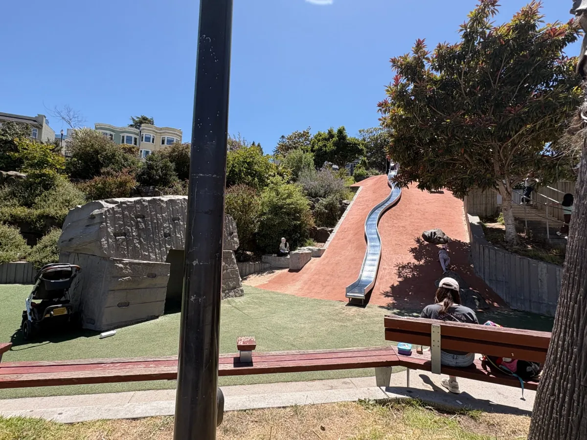 Very tall slide with climbing rock. Careful on the slide for toddlers who can't keep their feet together