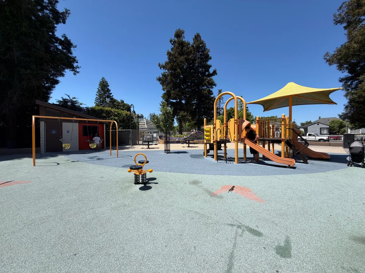 Ride on toy, toddler swings, and big kid play area
