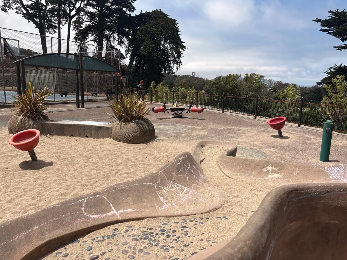 A sandpit and what looks like a former sprinkler. Interesting to climb on.