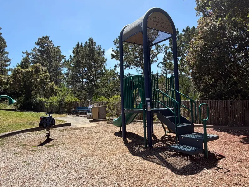 tiny little playstructure consists of only 1 slide, 1 ride on toy
