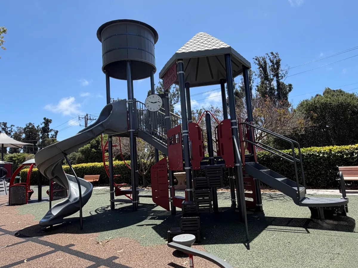 Low balance beam and stepping "stones/platforms" leading to play structure