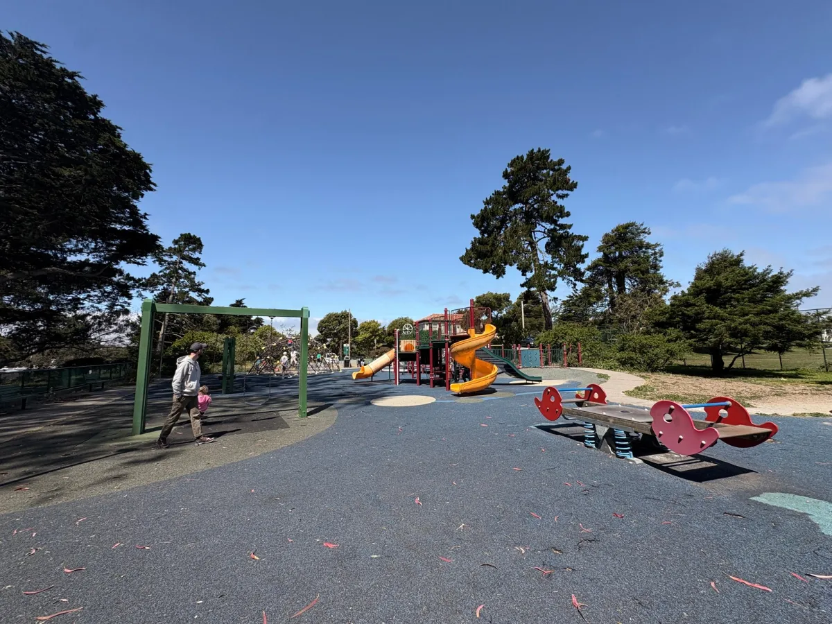 Long shot of the midway point of the playground