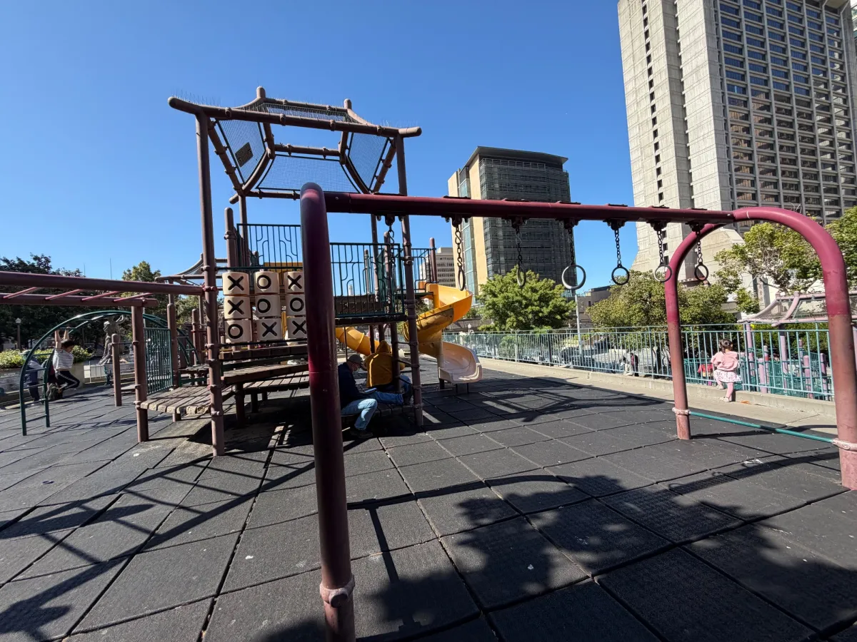 Monkey bars in front of full big kid play structure