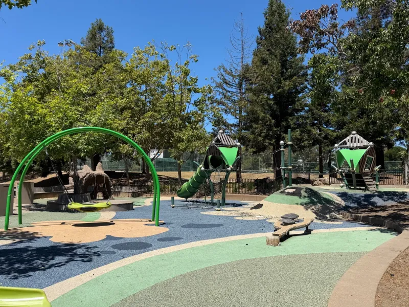 Saucer swing, balance beam log, Slides, and climbing nets
