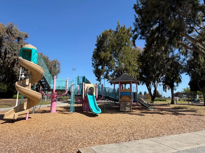 Playground structure shows 3 slides, but one currently being fixed