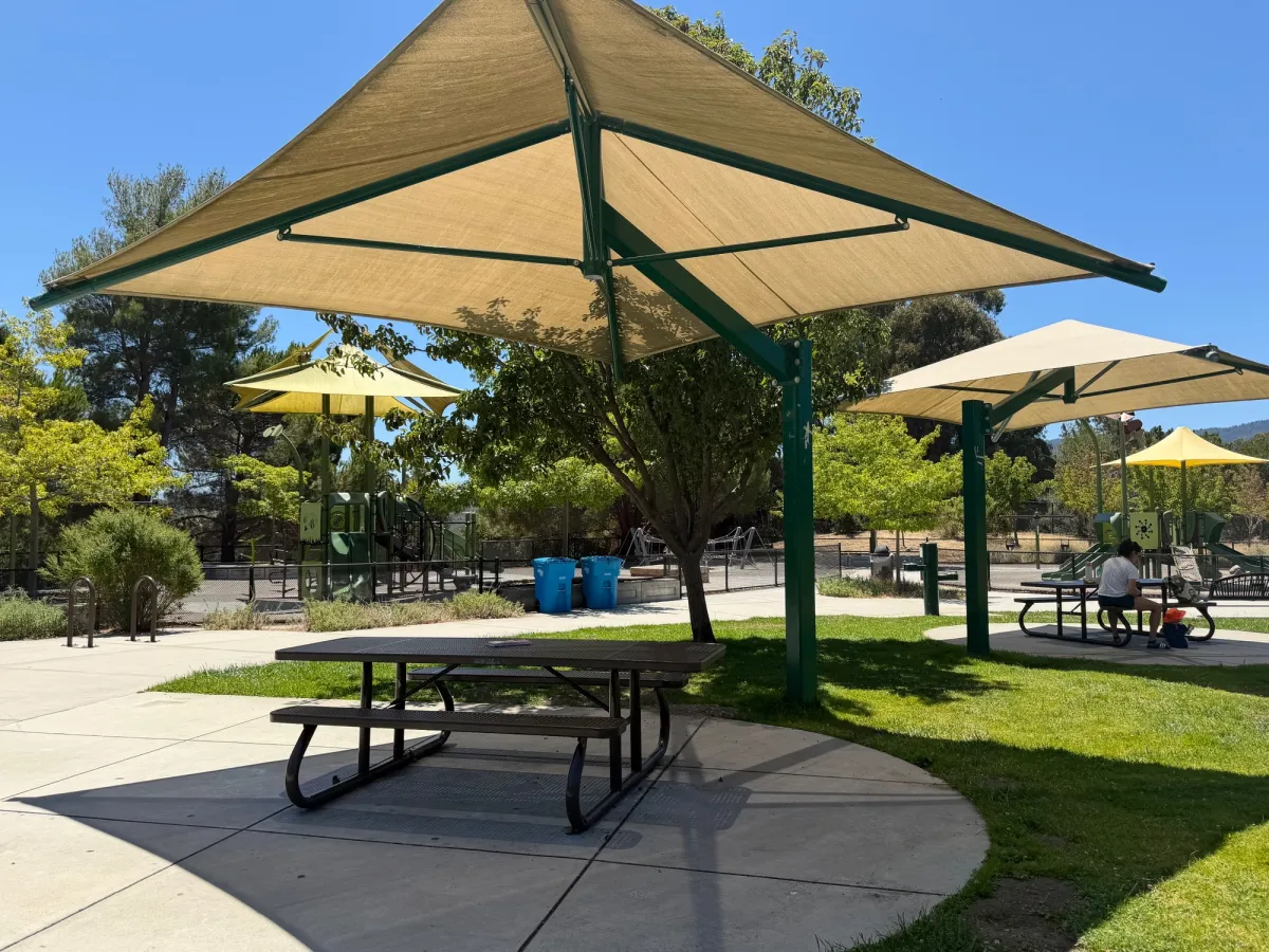 Shaded picnic tables