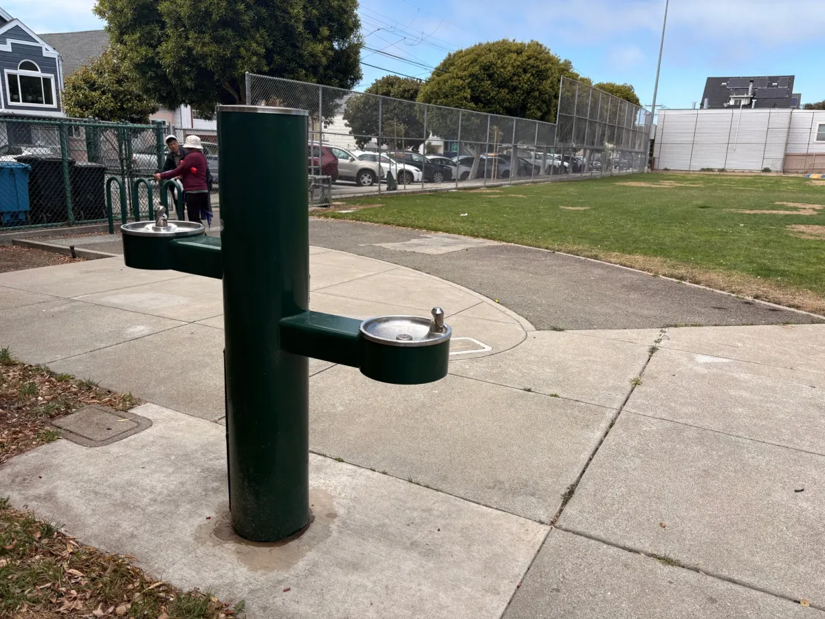 Drinking fountains behind the bathrooms