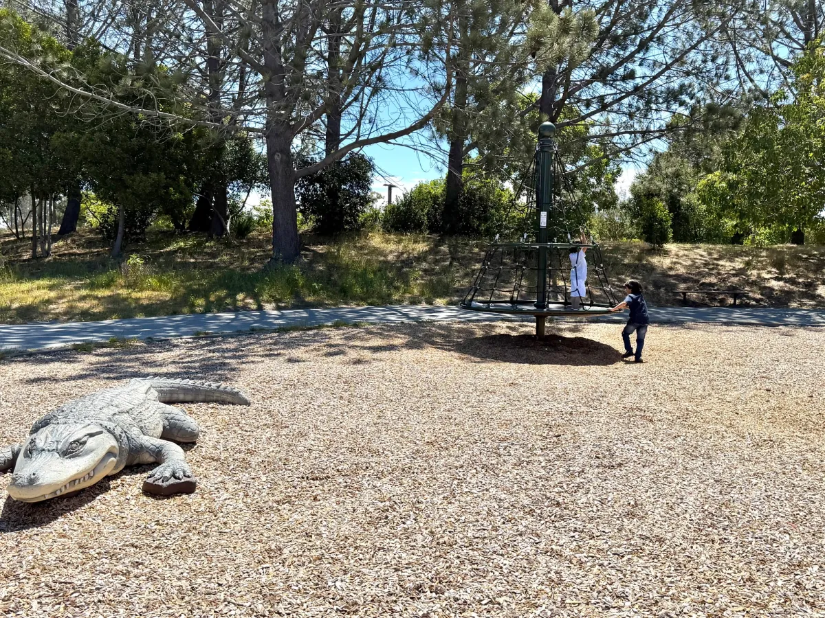 Beach picnic area toddler playground has a climbing carousel and alligator