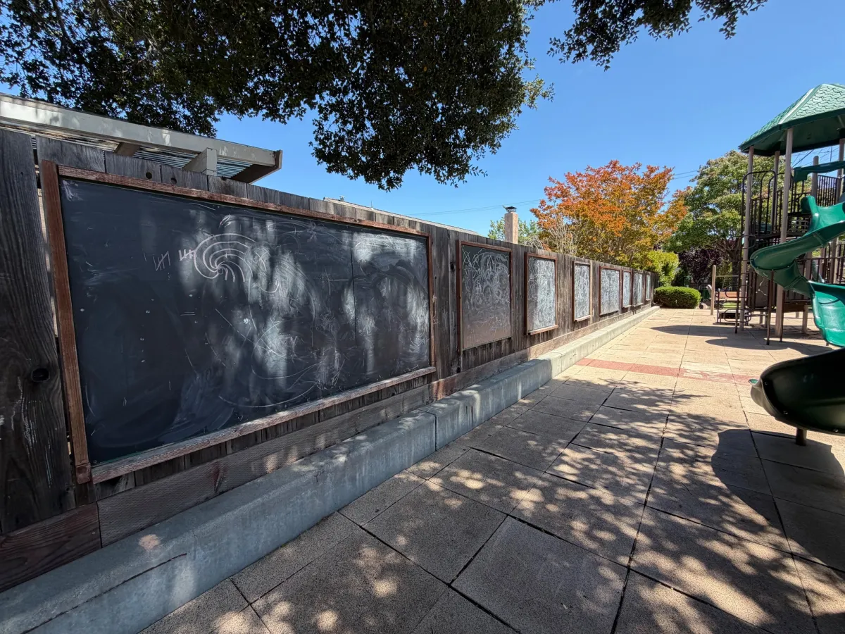 Lots of chalkboards against the fence - but no chalk provided. Bring your own! 