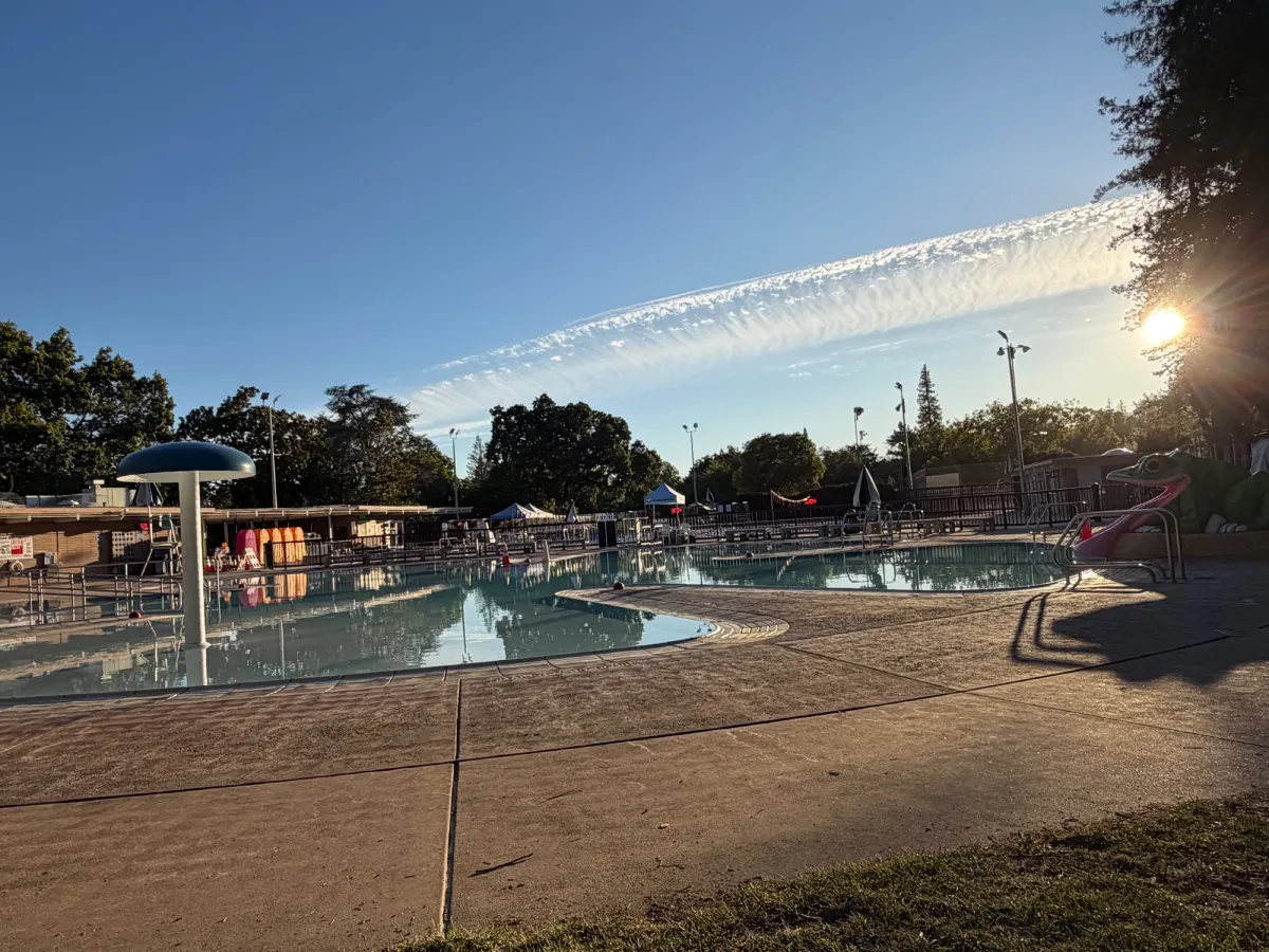Rinconada pool (after hours), includes splashpad and Frog slide on right 
