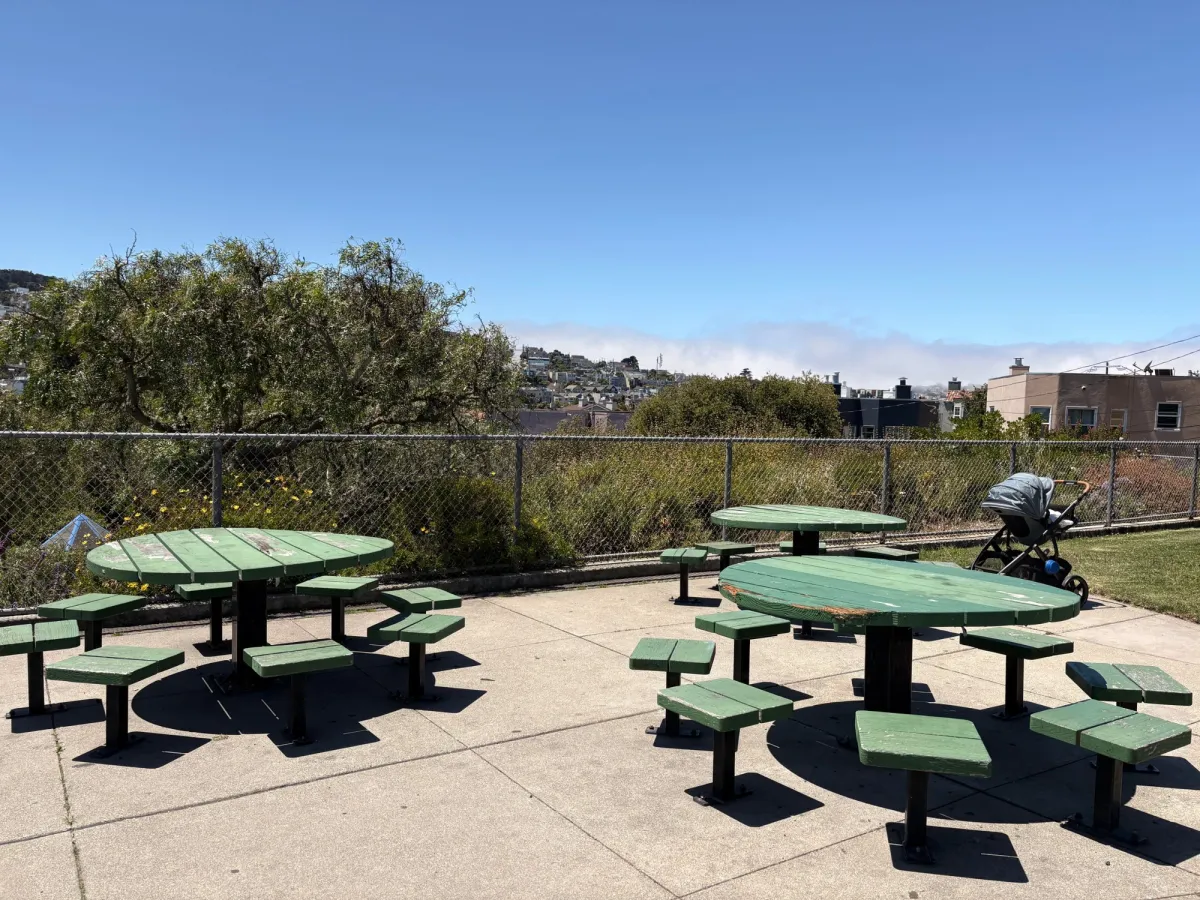 Picnic tables at the top of the stairs