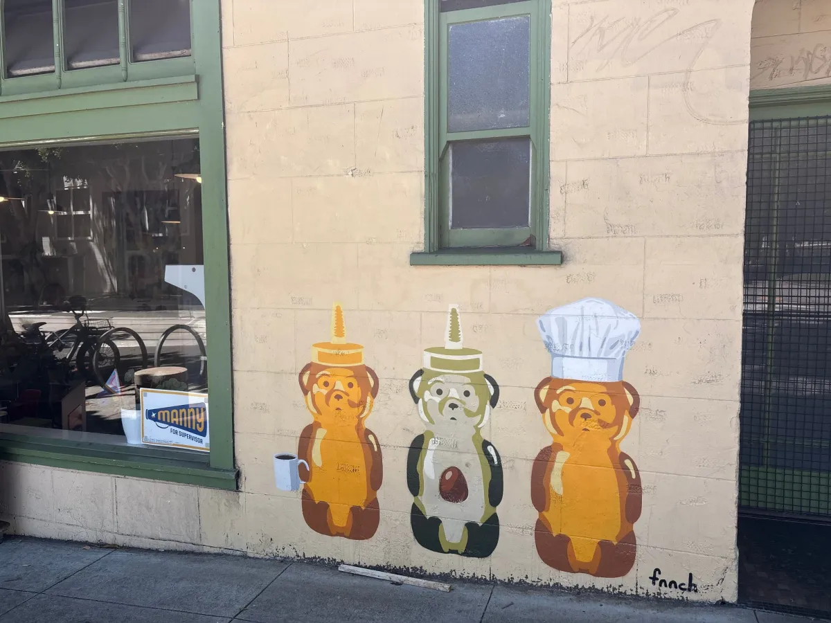 If you're a fan of the local artist Fnnch or if your kid loves honey bears, he's got three bears at Duboce Cafe