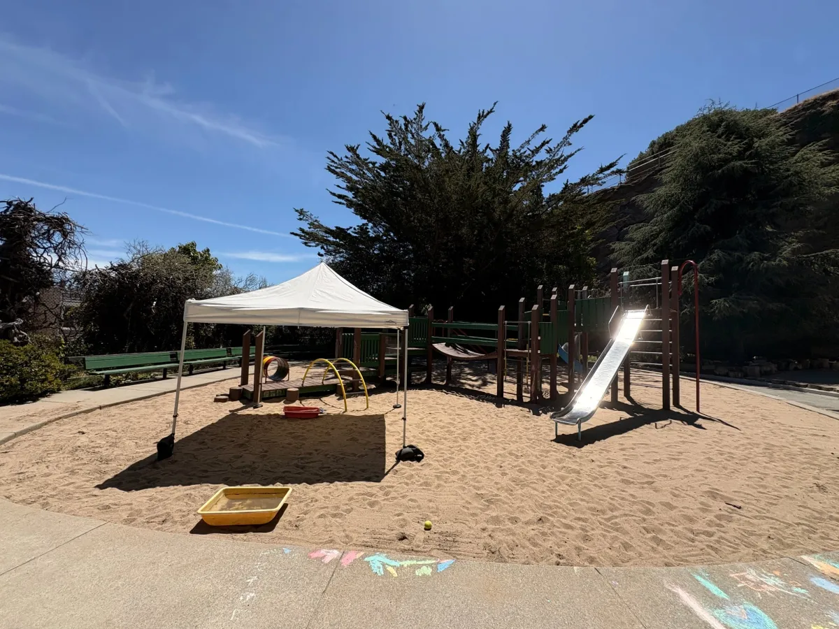 The playcamp that uses the facilities sets up shade during hot months