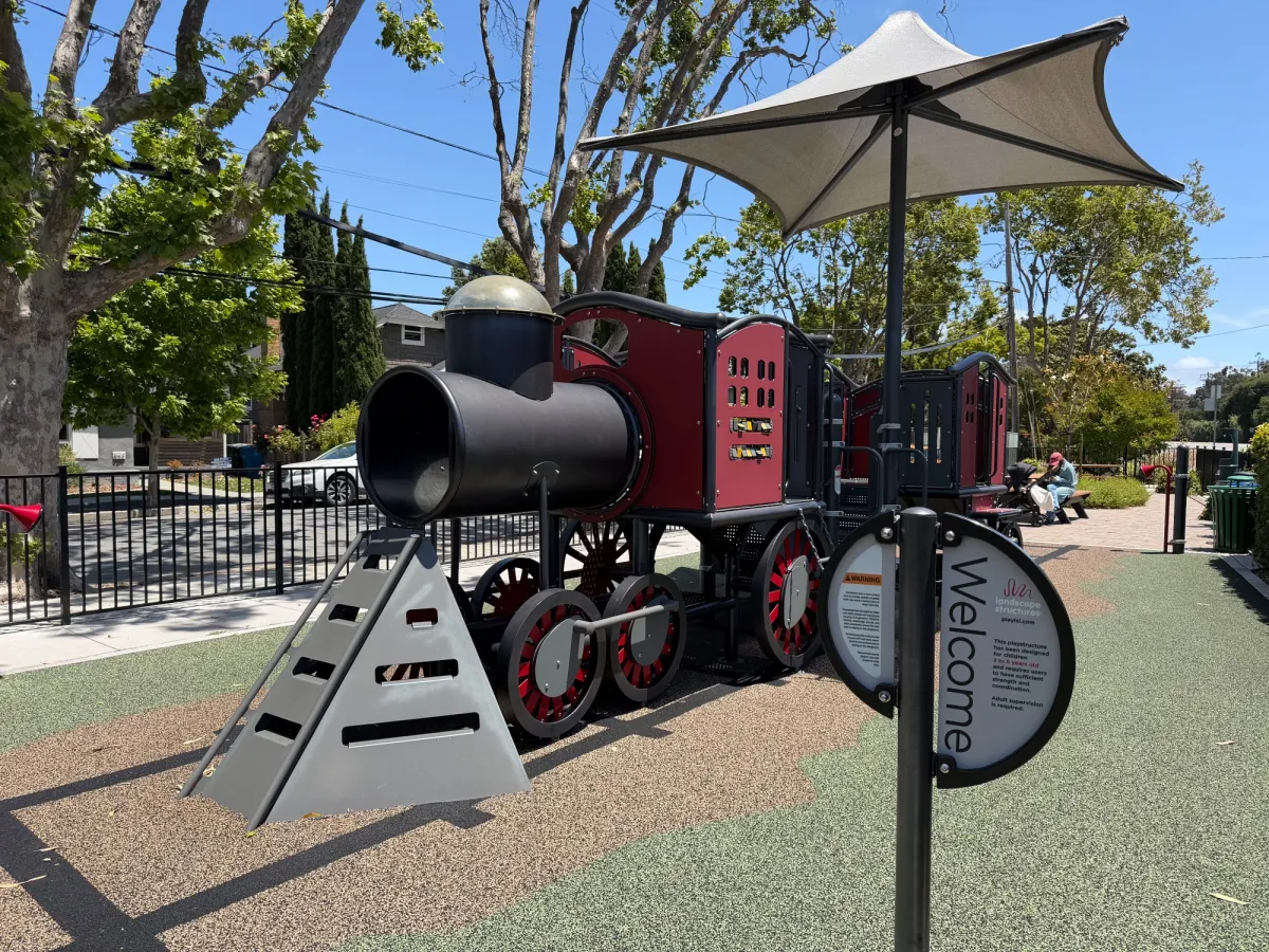 Train play structure, picnic table in the back