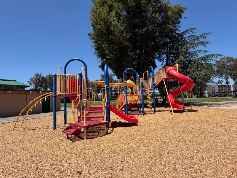 Big kid play structure with one small slide for toddlers connected