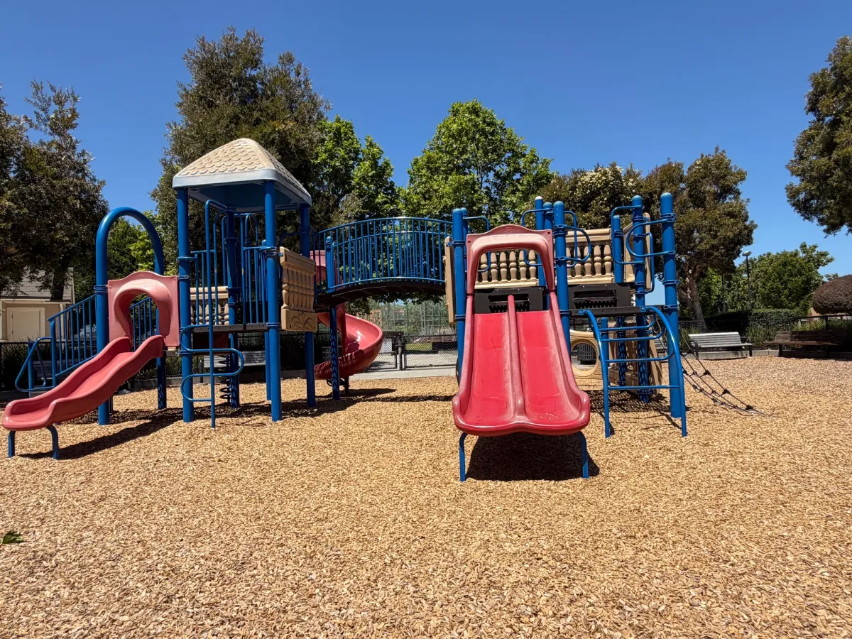 Back of playstructure featuring 2 medium slides and bridge