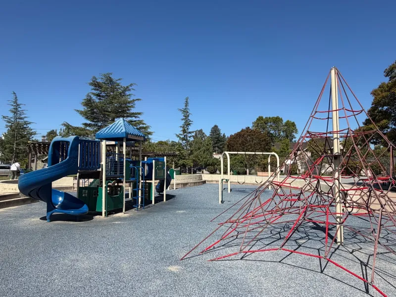 Playstructure, swings, and climbing structure