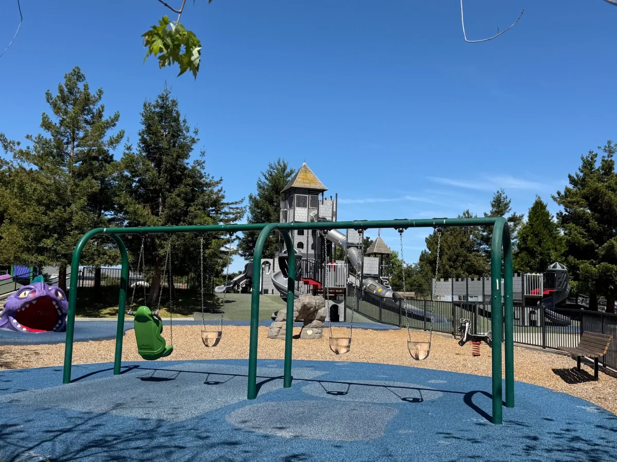 Baby swings, ride on ponies, and open mouthed dragon, with big kid play structure in the background
