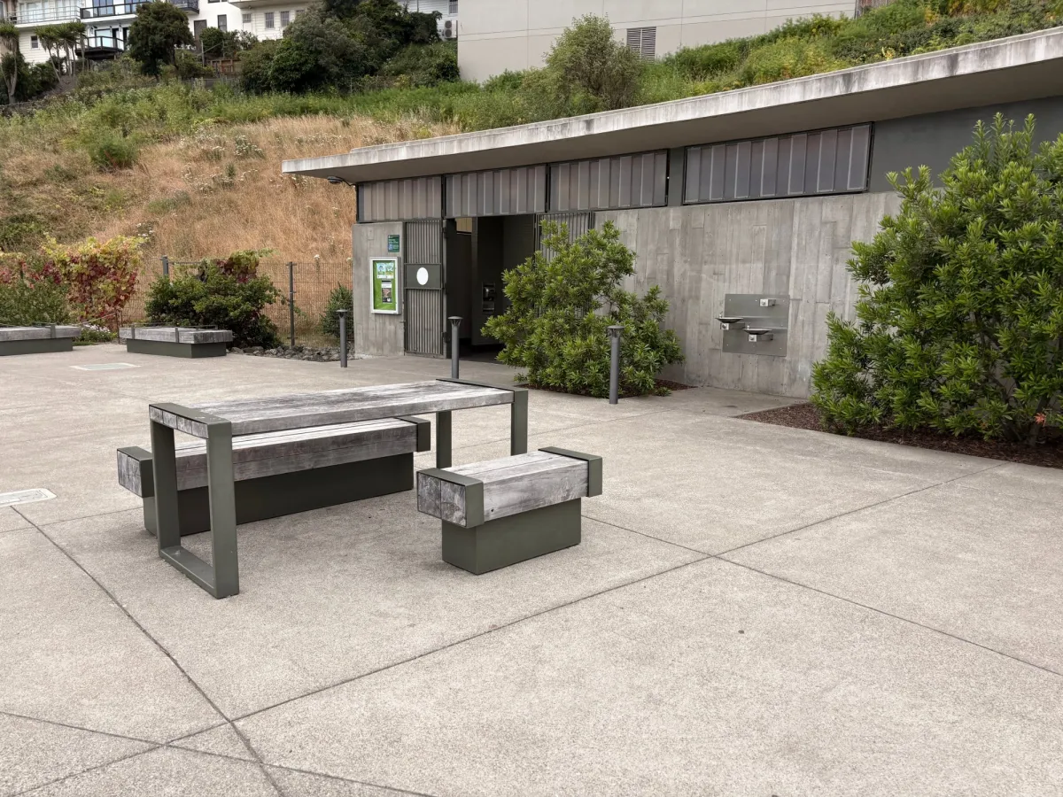 Picnic tables and Bathroom exterior