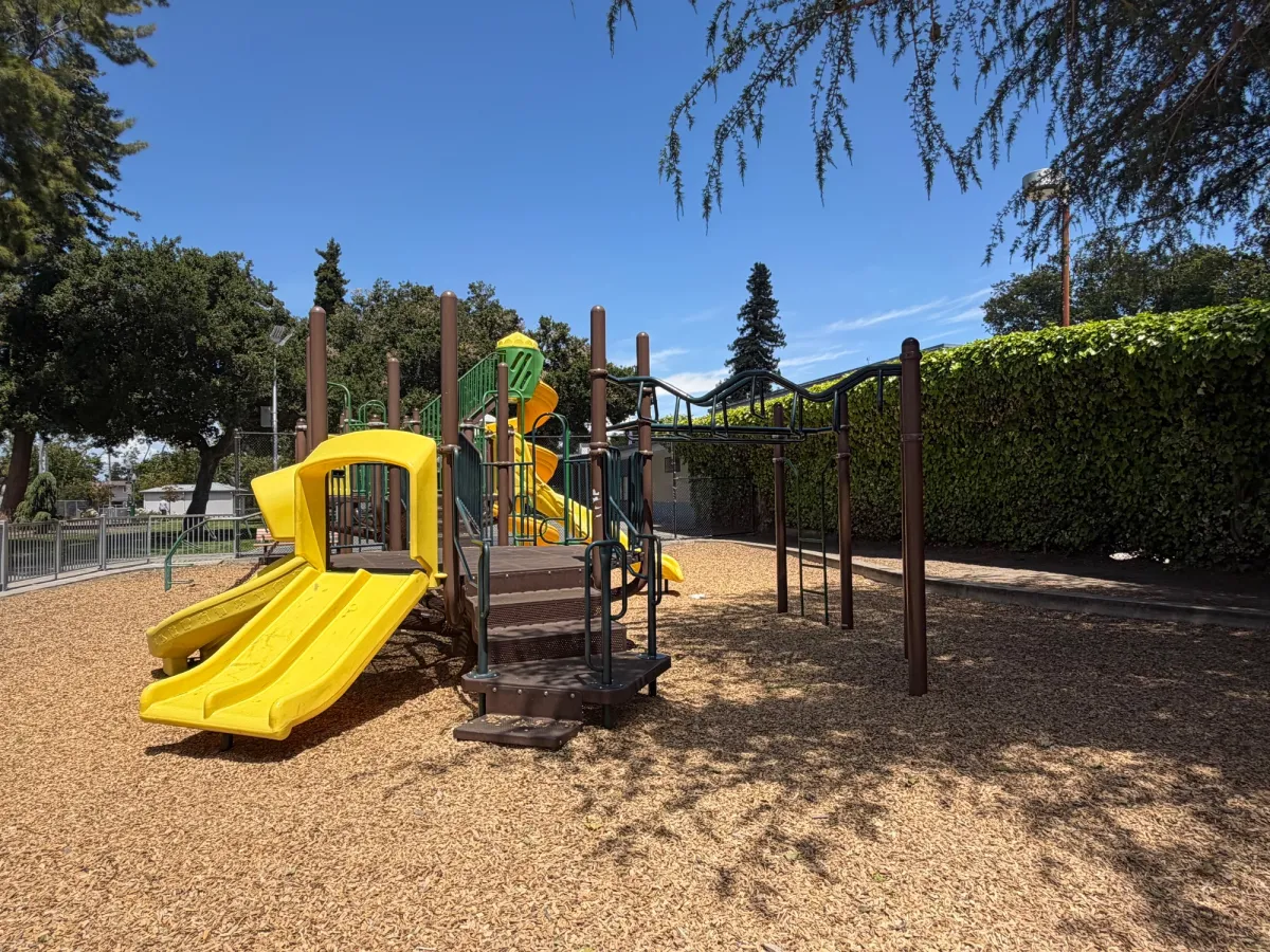 Monkey bars and small slides connected to big kid play gym