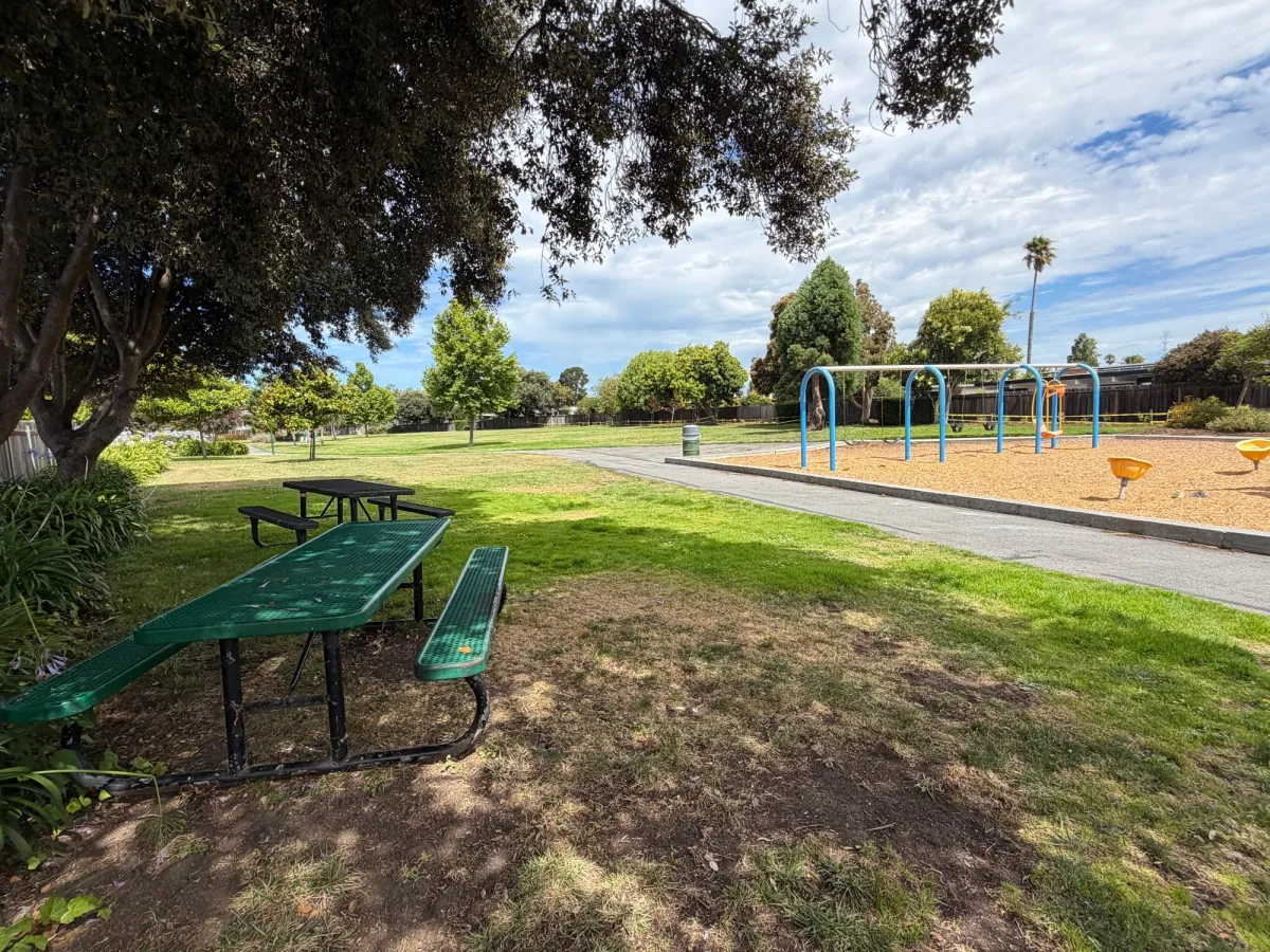 Picnic tables with shade next to playground