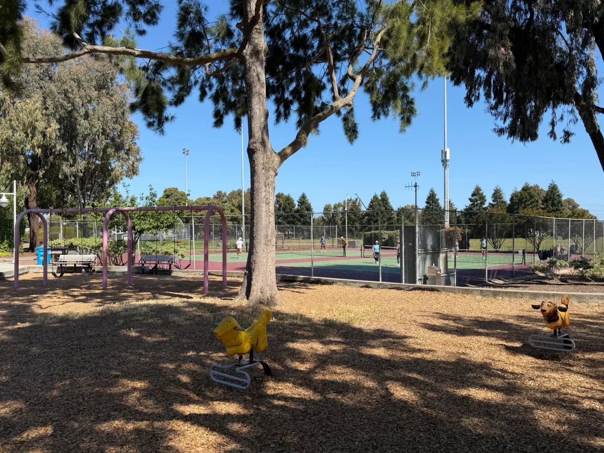 4 big kid swings in front of tennis court