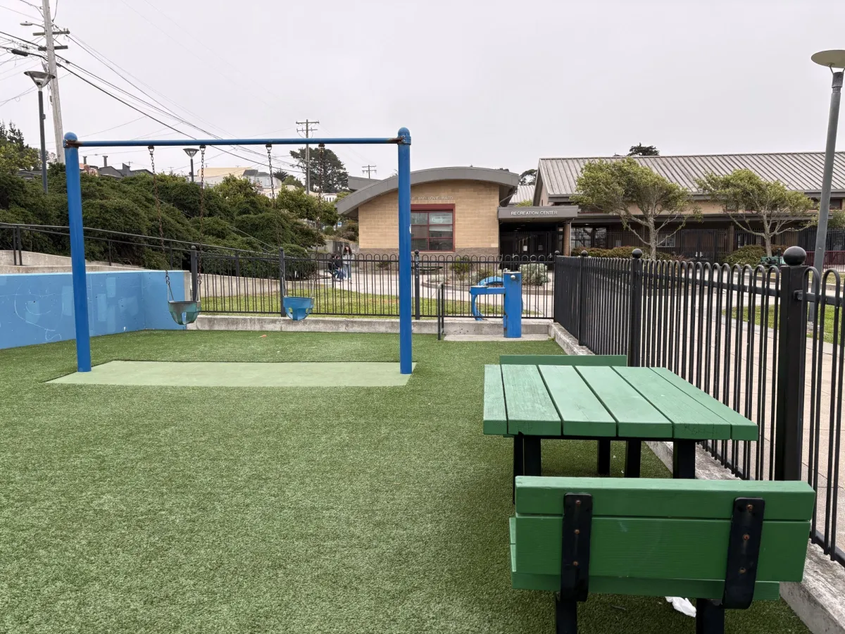 Bucket swings and picnic tables