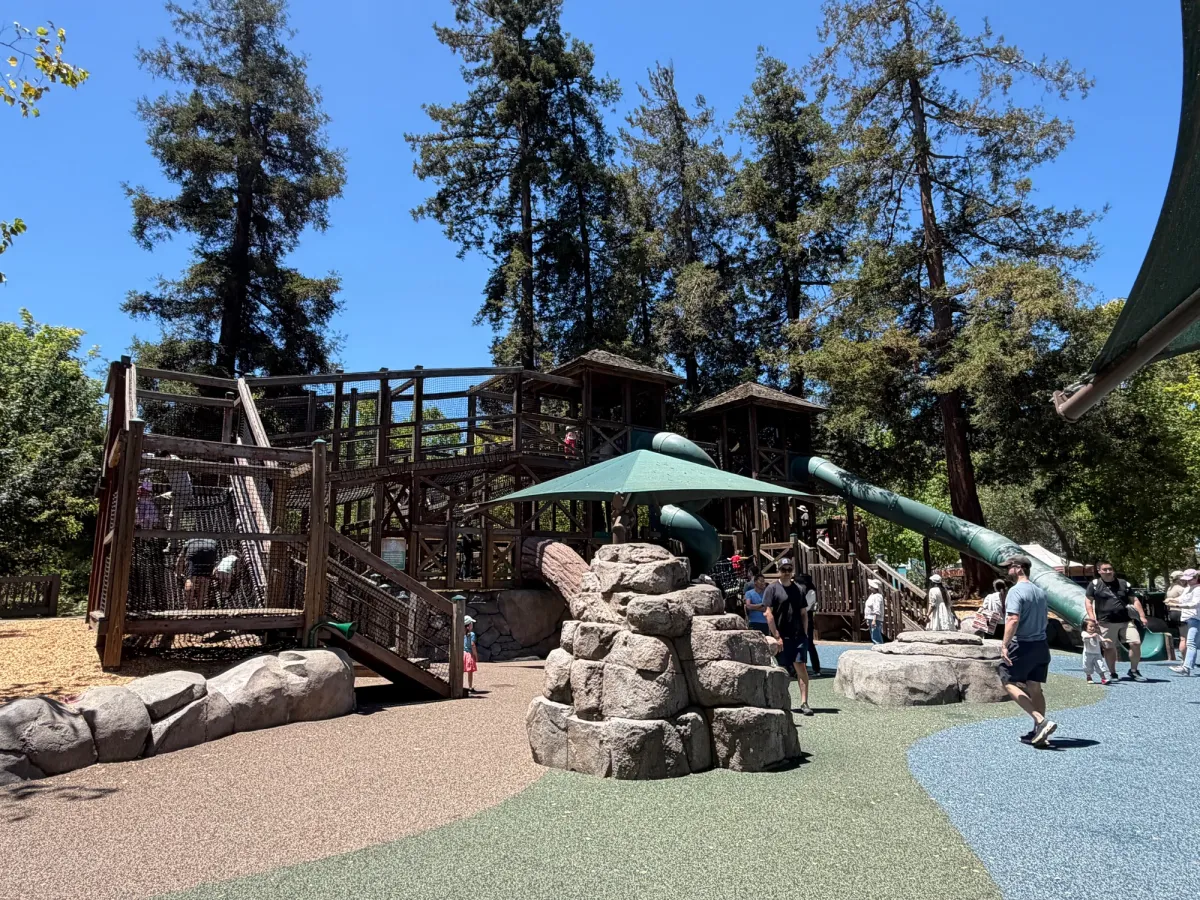 Big kid play structure with super tall slides and lots of climbing structures