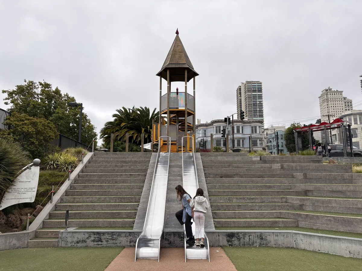 Tall slides build into the hill and steps for practice