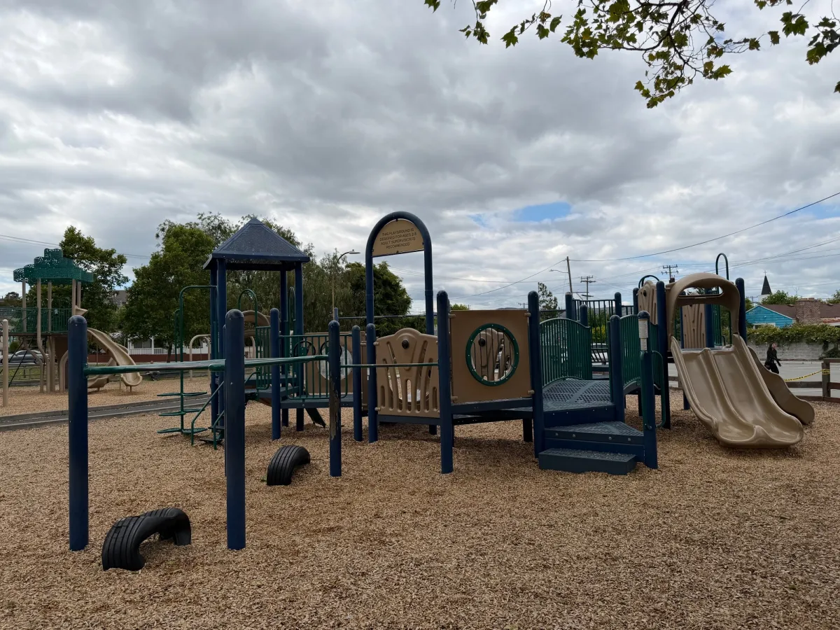 Back side of toddler play structure includes monkey bars