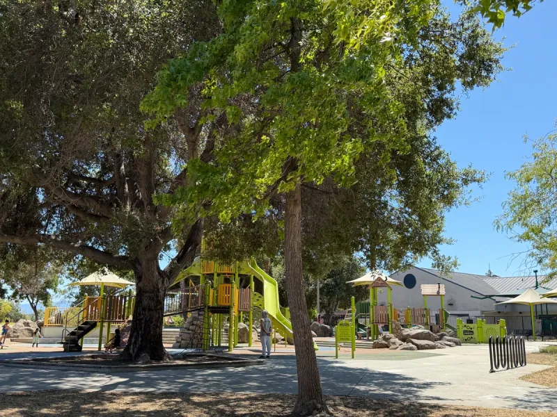 Overview of playground, big kid structure to the left and toddler structure to the right