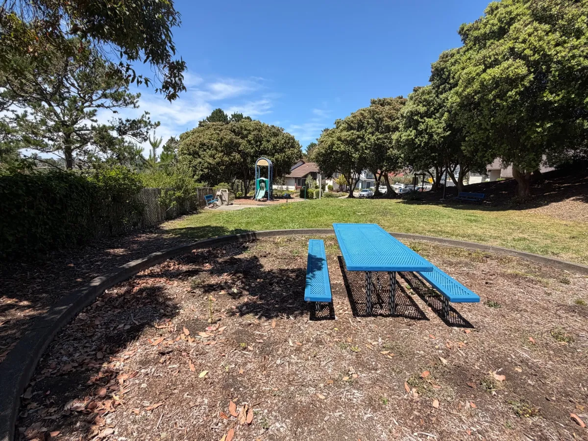 Picnic tables a fair distance away from playground