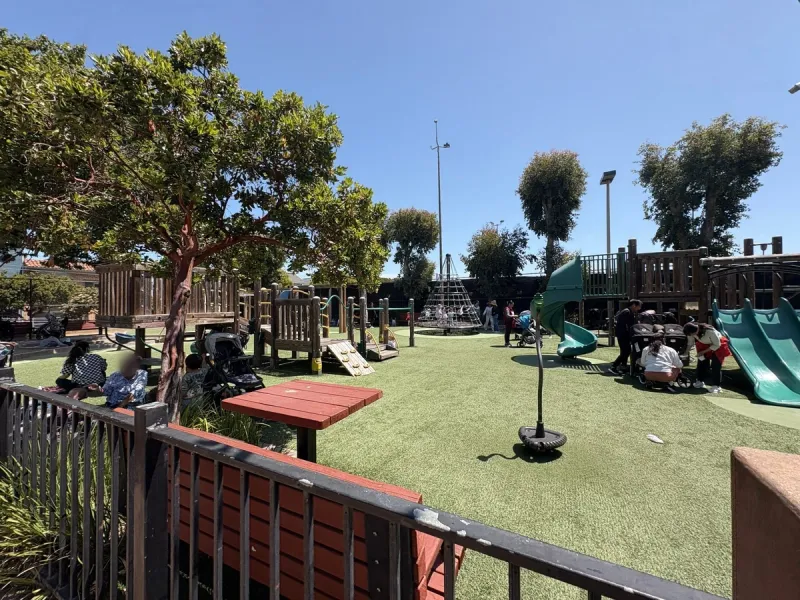 Main Playground that is fenced and teaming with social stimulation