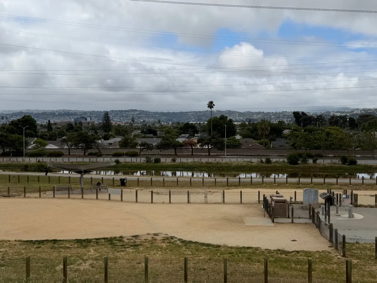 Large dog park area with fountains