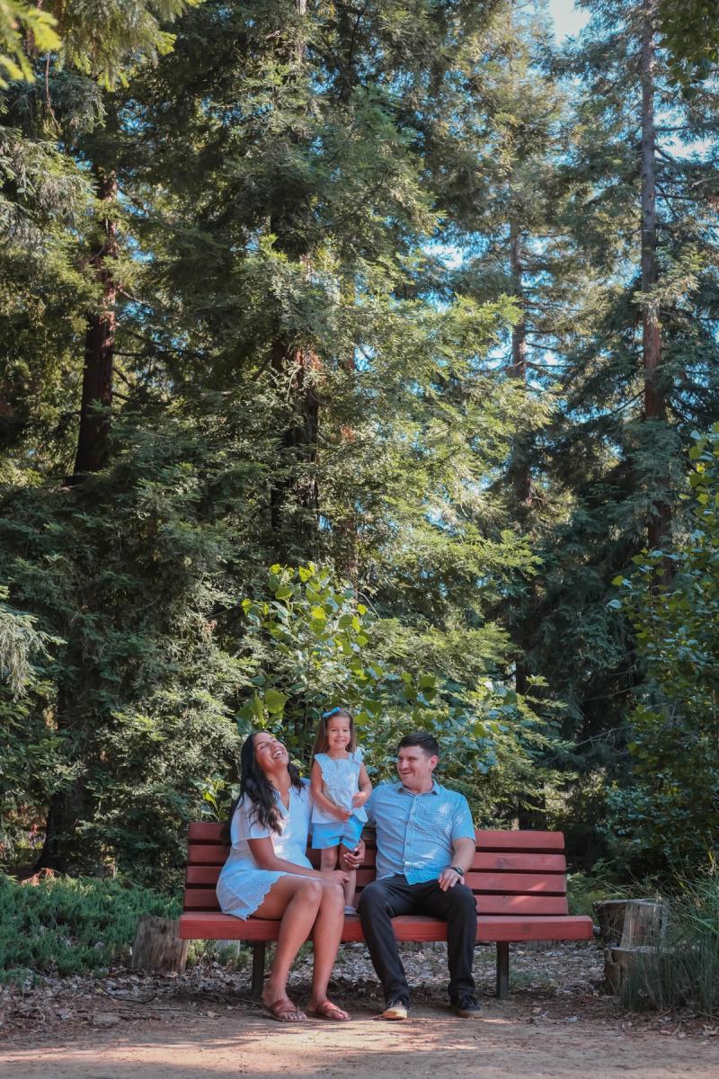 Family sitting on a red bench beneath tall redwoods