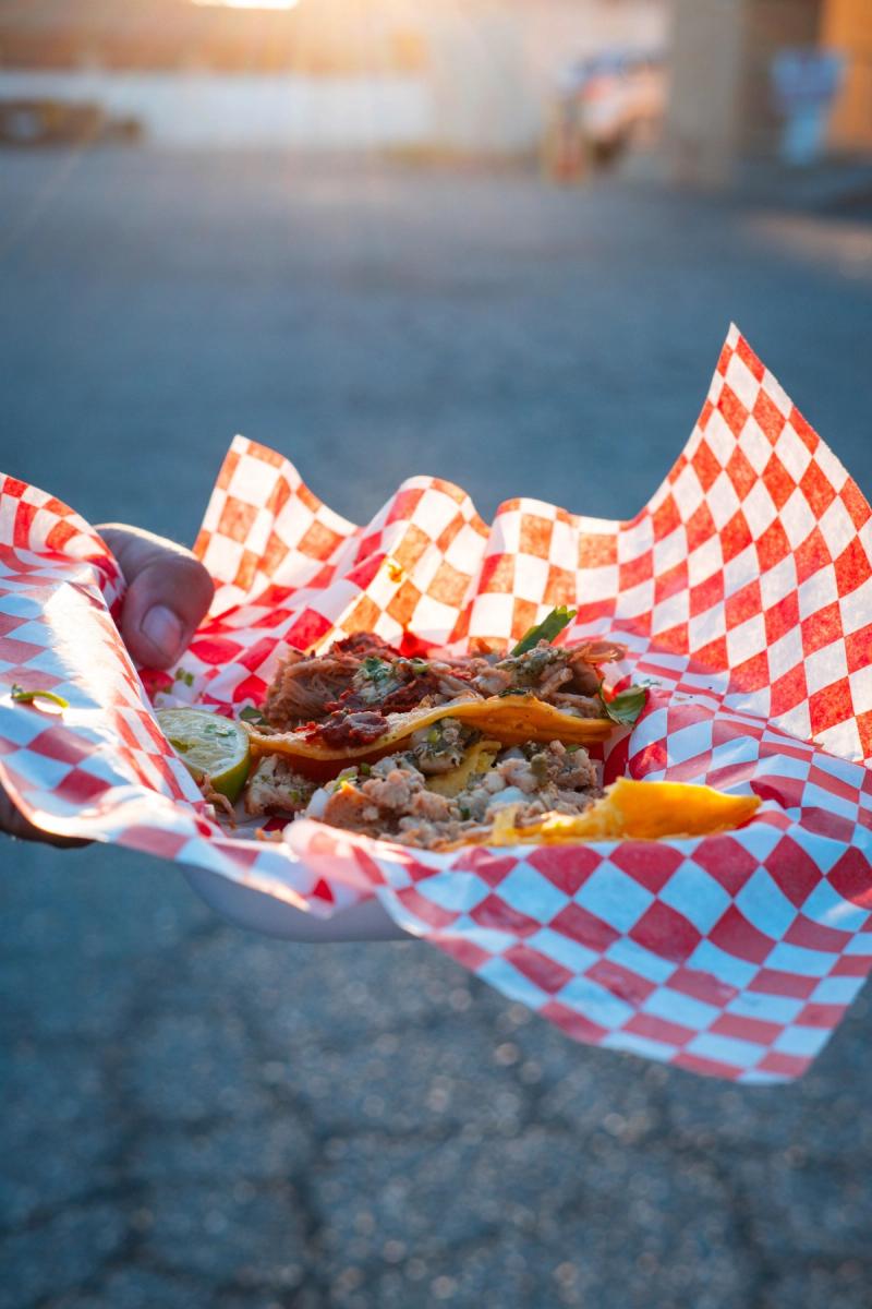 Taco held up outdoors in warm late-afternoon light
