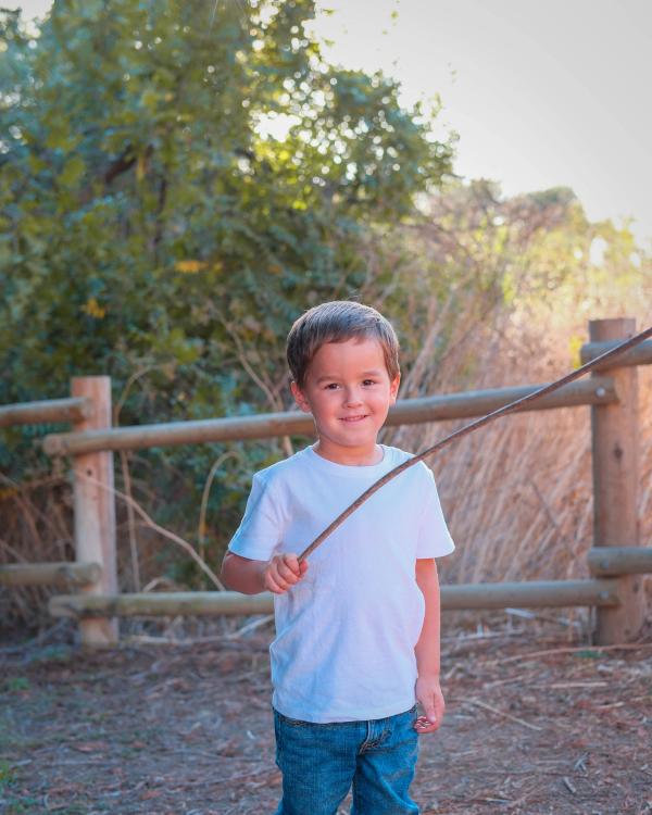 Little boy holding a long stick by a wooden fence