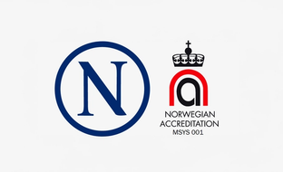 Logo for a blue "N" in a circle next to the Norwegian Accreditation logo with a crown.