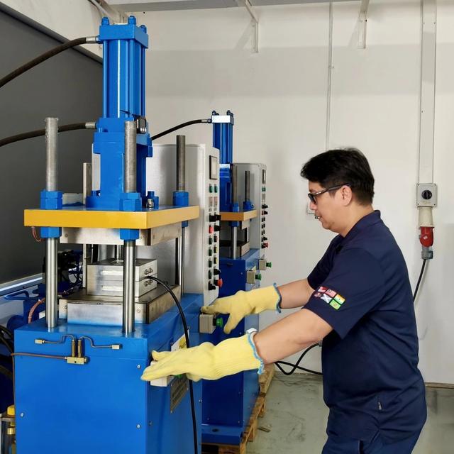 Man in safety glasses and yellow gloves operating an industrial press machine.