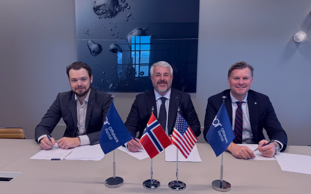Three men in suits sit at a table with flags for Offshore Rental, Norway, and the USA, appearing to sign documents.