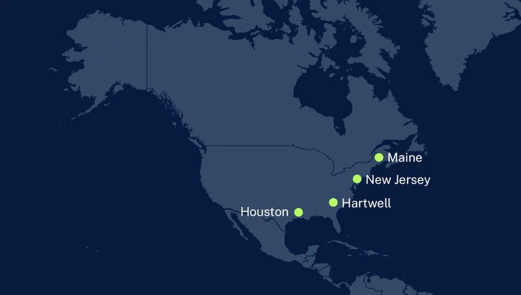 Map of North America showing locations Houston, Hartwell, New Jersey, and Maine.