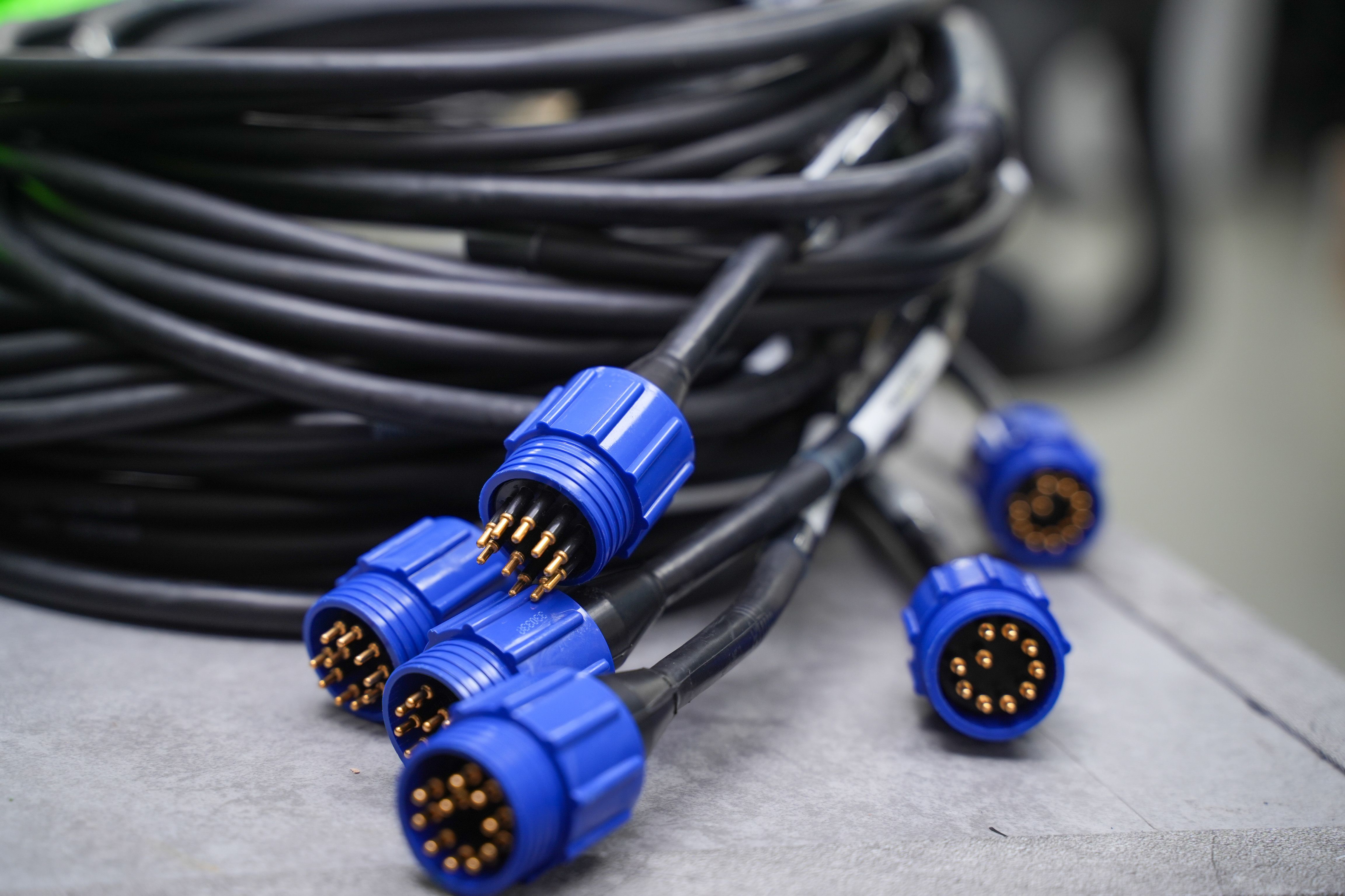 Coiled black cables with five blue multi-pin connectors showing gold pins.