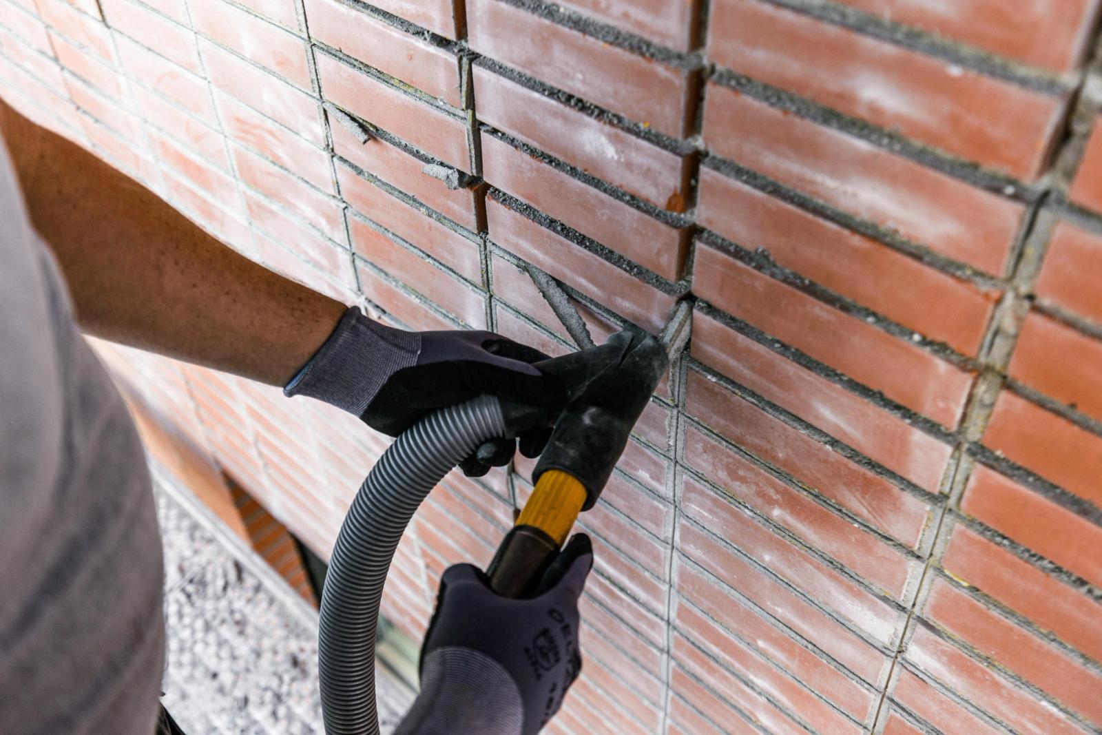 Vakman slijpt oud voegwerk stofarm uit een bakstenen gevel