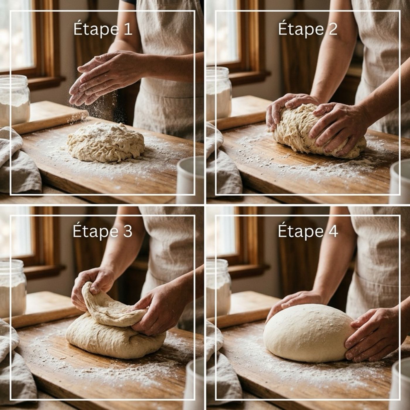 Planche tuto : les 4 étapes du pétrissage classique européen