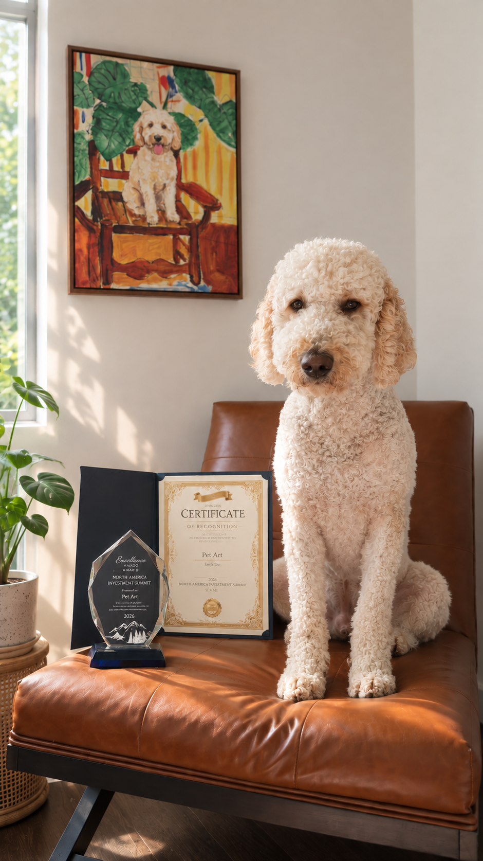 Goldendoodle with Pet Art’s Excellence Award from the 2026 North America Investment Summit and custom pet artwork in the background.