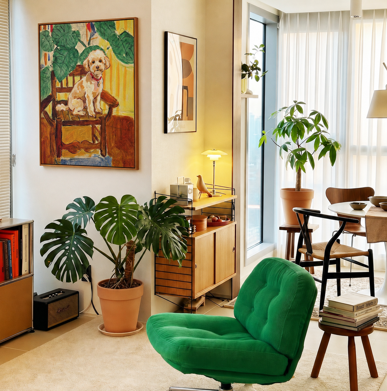 The Good Chair framed dog artwork hung as living room wall art beside a monstera plant