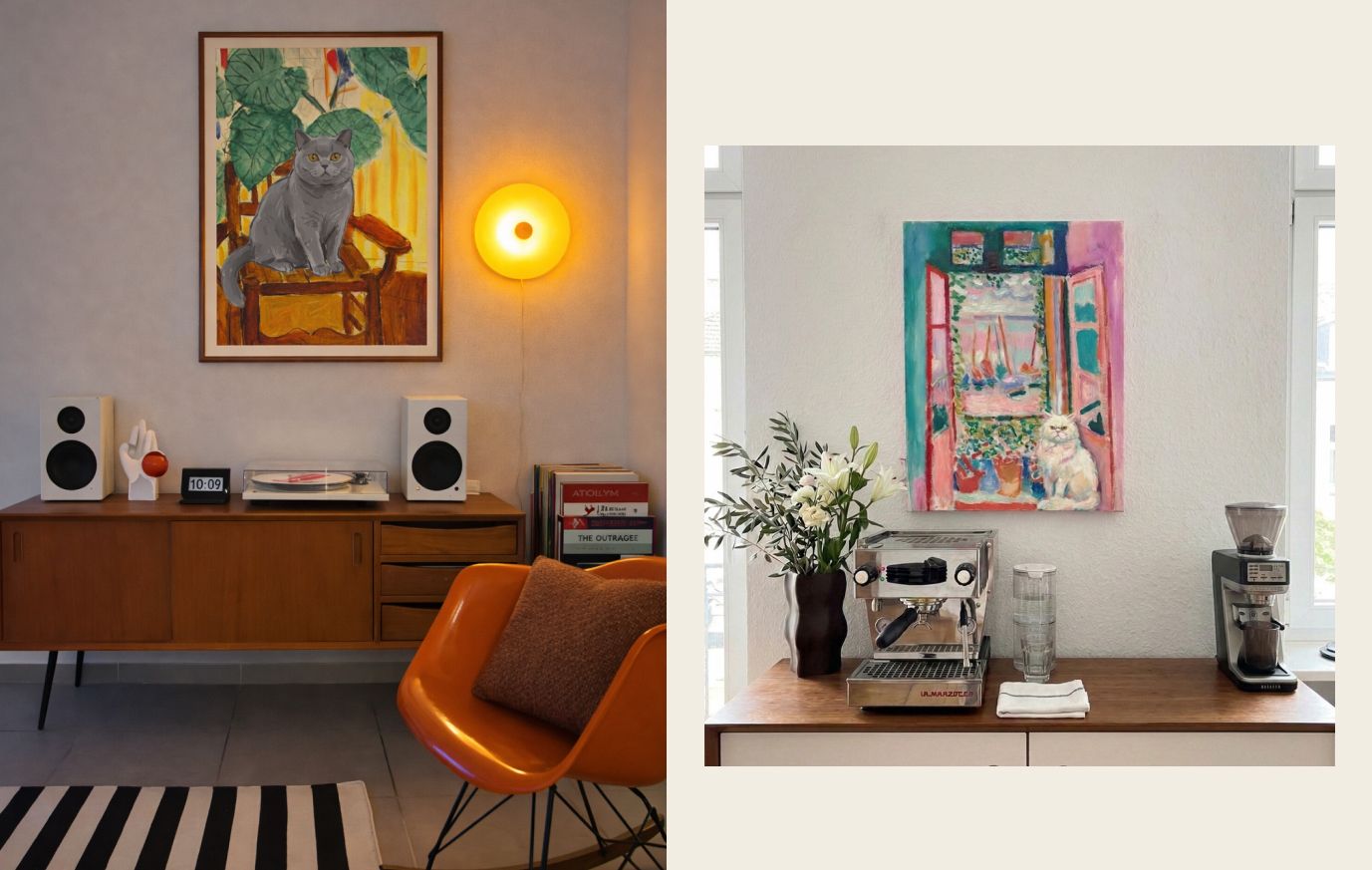 personalized cat portrait in impressionist style hanging on living room wall