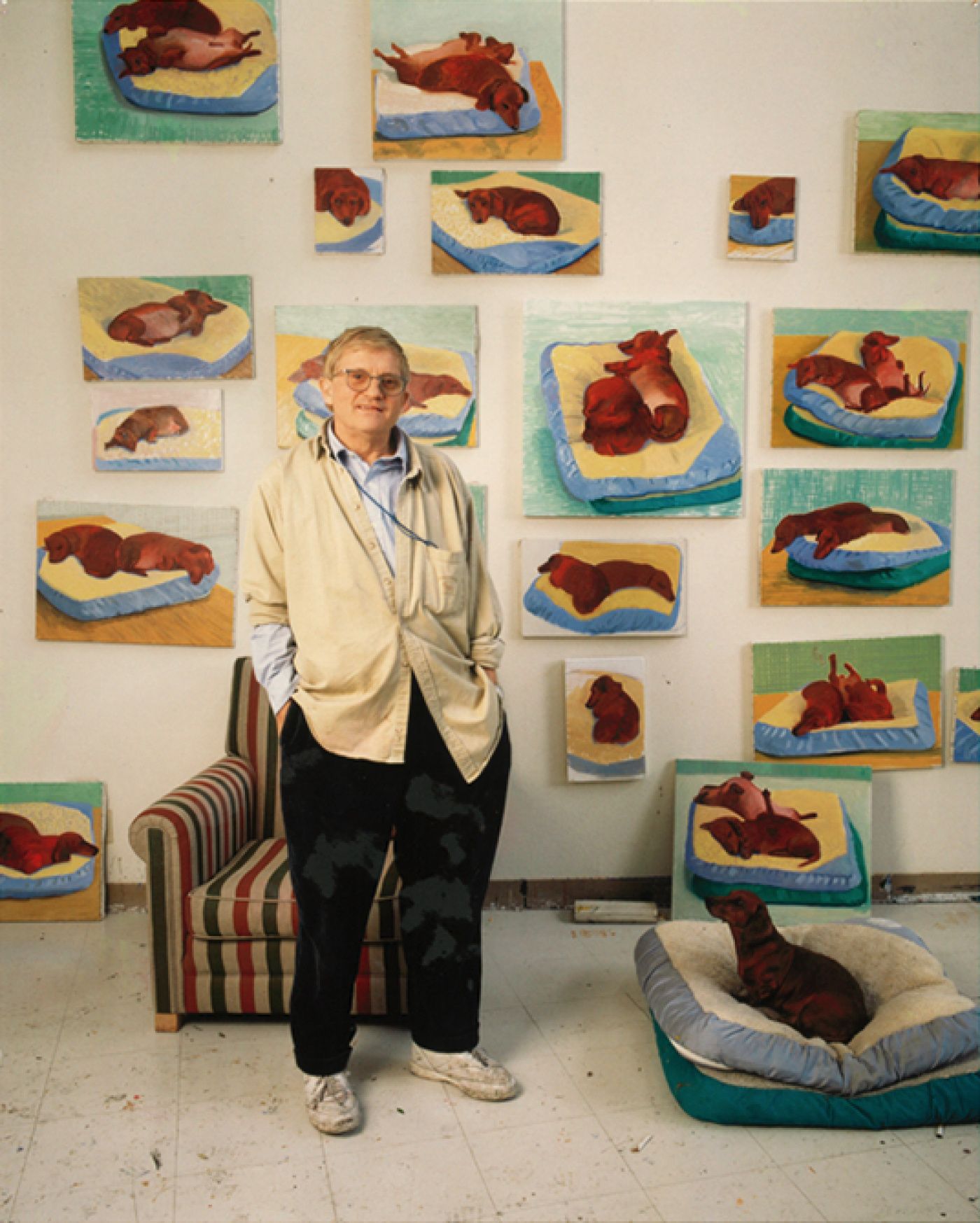 David Hockney in his studio surrounded by paintings of his dachshunds, Stanley and Boodgie, with one of the dogs resting nearby.